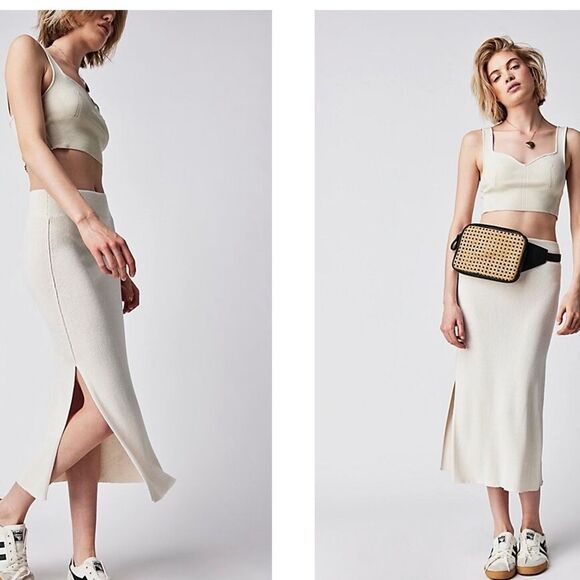 NWT Free People Golden Hour Midi Skirt Tea Combo Cream Ribbed Slit - Picture 1 of 5